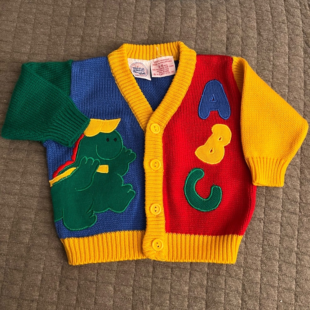 Vintage Colorblock ABC Dinosaur Knit Cardigan - Yellow Blue Red Green